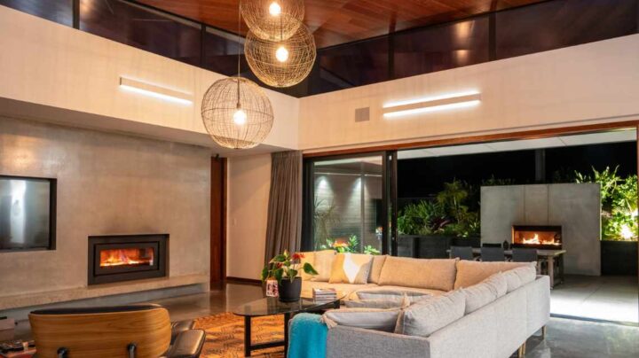 Nook Bay House indoor outdoor fireplace