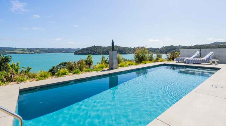 Nook Bay House pool with water views